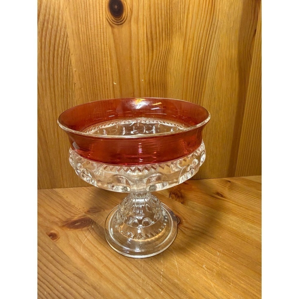 Vintage‎ Ruby Flash Pedestal Compote Candy Dish Clear Pressed Glass Footed Bowl